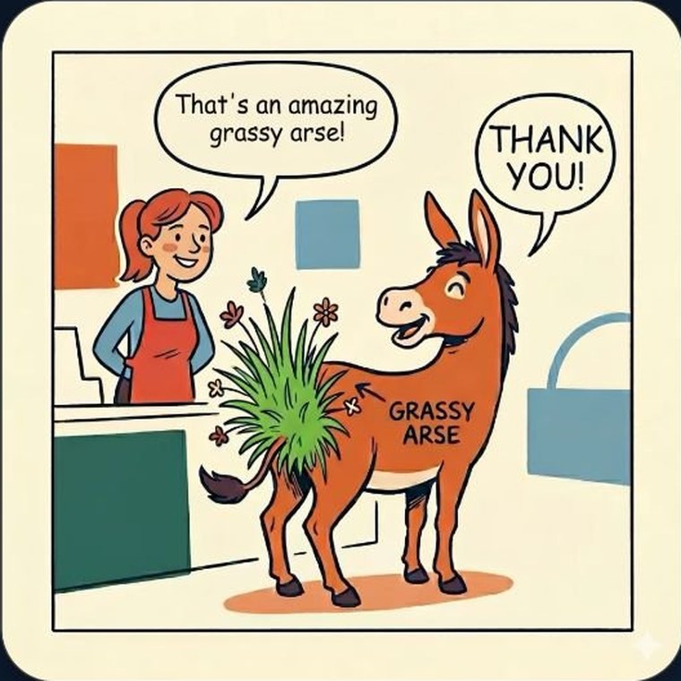 The 'grassy arse' mnemonic: a donkey with a grassy backside saying thank you